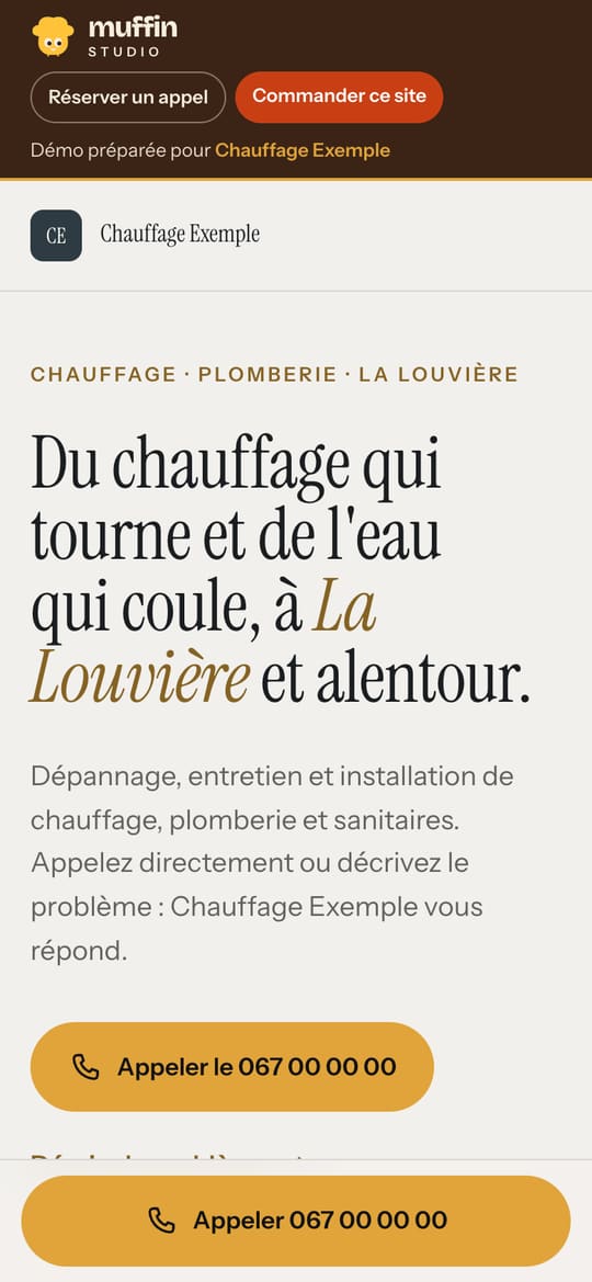 Démo d'exemple d'un site de chauffagiste à La Louvière, vue sur téléphone : dépannage, entretien, installation et bouton pour appeler