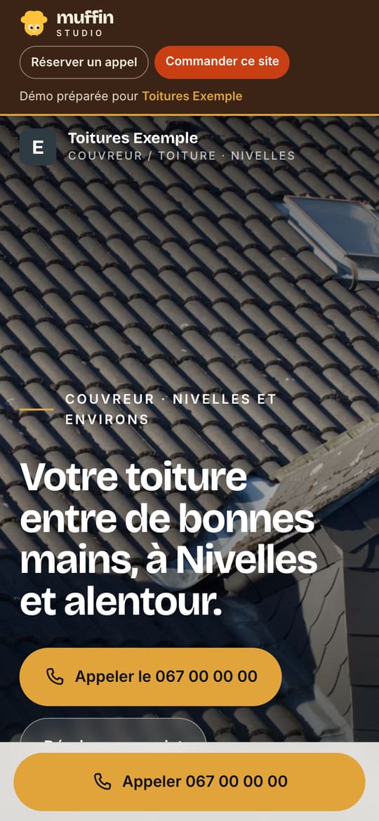 Démo d'exemple d'un site de couvreur à Nivelles, vue sur téléphone : photo de toiture, titre et bouton pour appeler